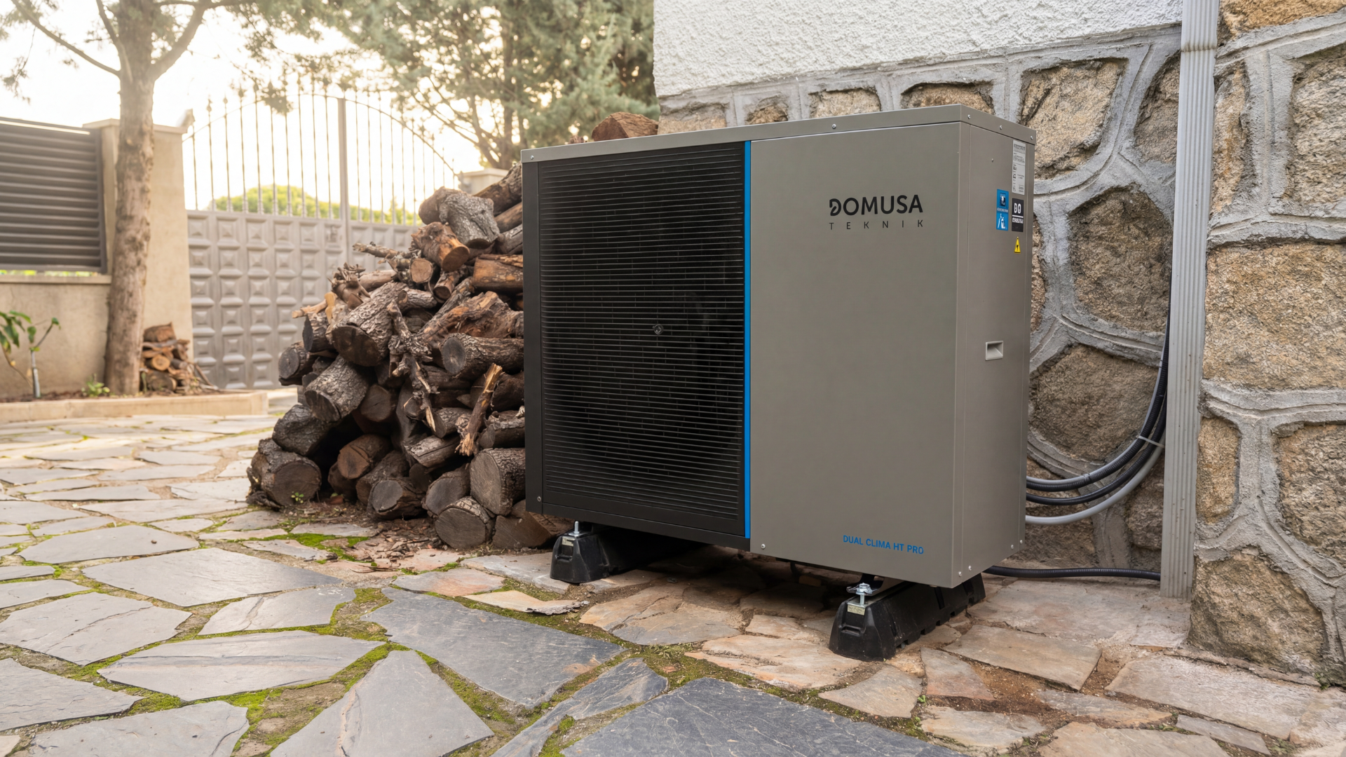 Unidad exterior de un sistema de aerotermia instalada cerca de la pared de una casa moderna.