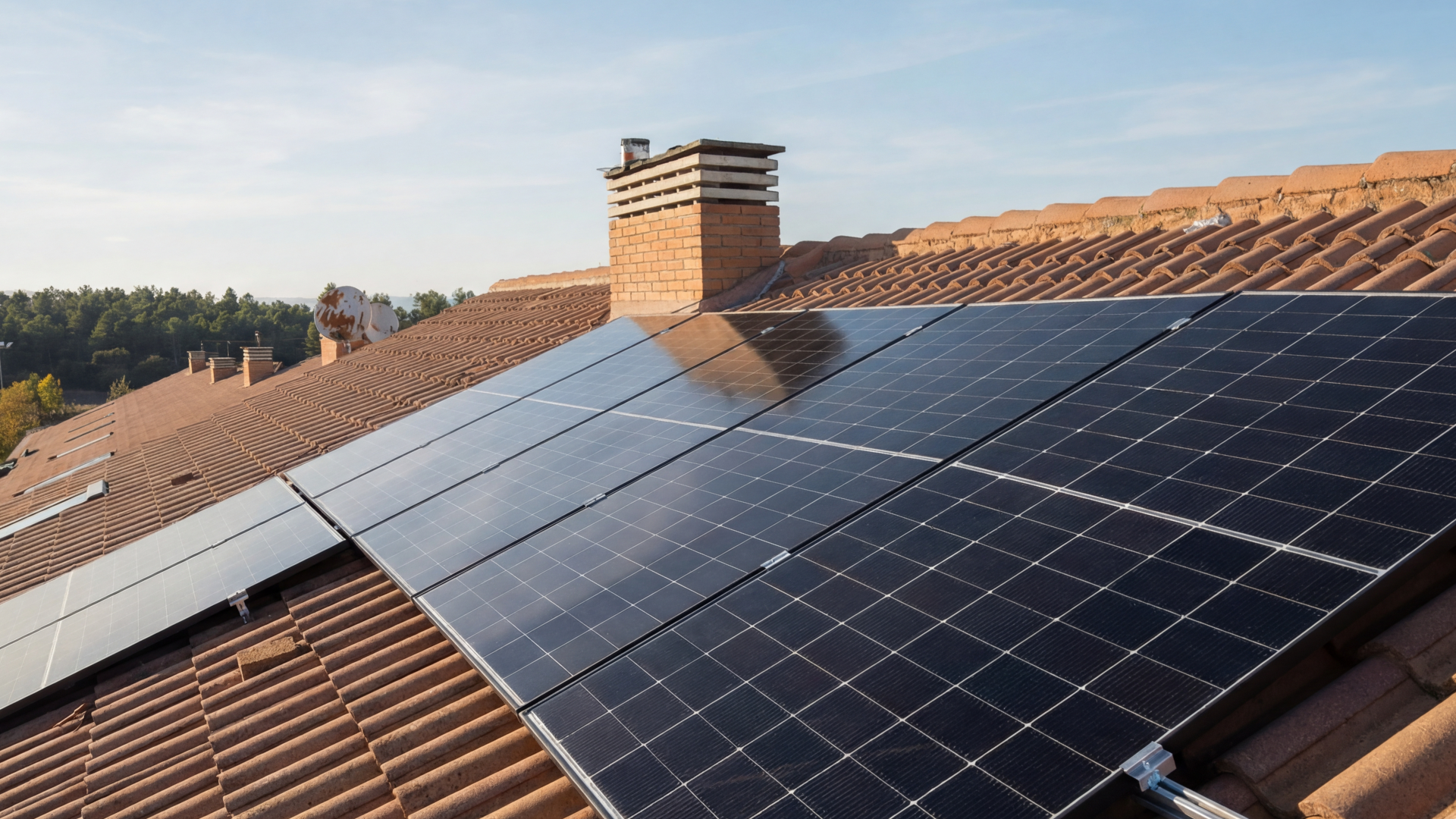 Montaje profesional de placas solares en tejado de teja. Detalle de estructura de aluminio y anclajes no invasivos en un tejado inclinado de teja.